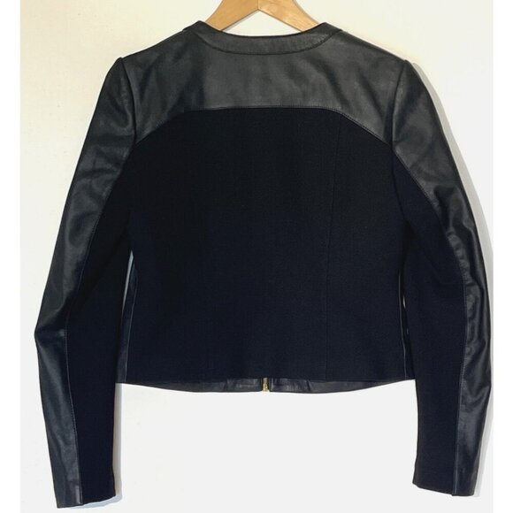 New Via Spiga Black Leather Stretch Fabric Combo Zip Moto Jacket - Picture 5 of 13